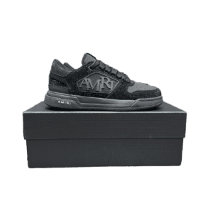 Amiri Skel Top Low black colorway suede leather sneakers with logo detail and lace-up design