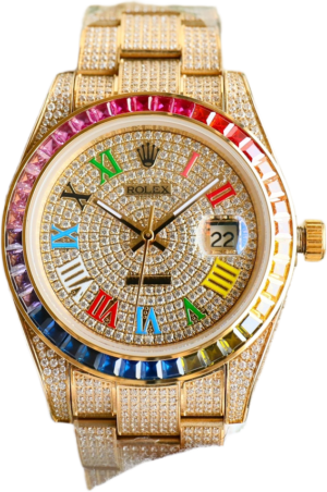 Rolex Day-Date rainbow dial multicolor Roman numerals diamond bezel yellow gold watch
