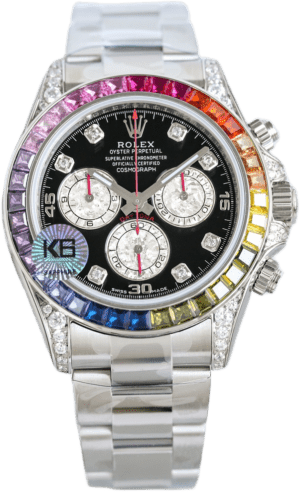 Rolex Daytona black dial rainbow sapphire bezel stainless steel watch with diamond hour markers and bracelet