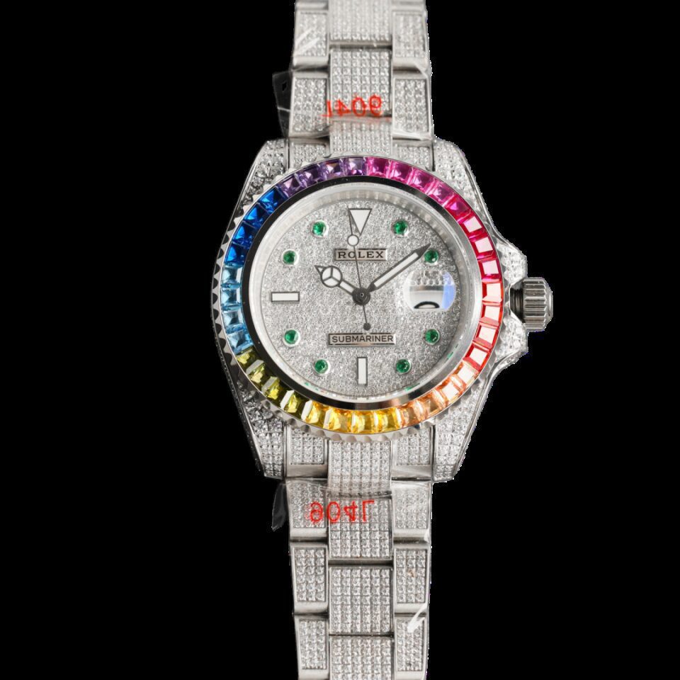 Rolex Submariner watch featuring a rainbow bezel and diamond accents, displayed against a black background, highlighting its luxury design and vibrant colors.