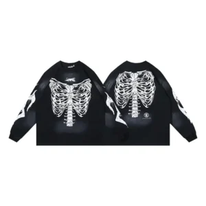 AllSaints Skeleton Ribcage Long Sleeve Shirt black cotton blend with white bone print design