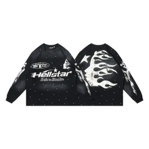 Hellstar graphic sweatshirt black color cotton material with white flame and star prints on sleeves and back