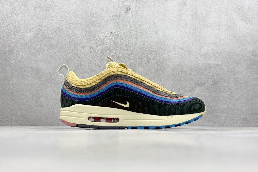 Nike Air Max 1/97 Sean Wotherspoon multicolor corduroy sneakers with cream sole and blue accents