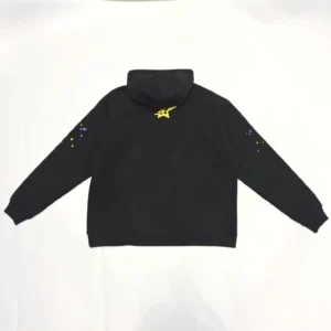 Repsgoat hoodie black cotton with yellow star logo and multicolor star sleeve print streetwear sweatshirt