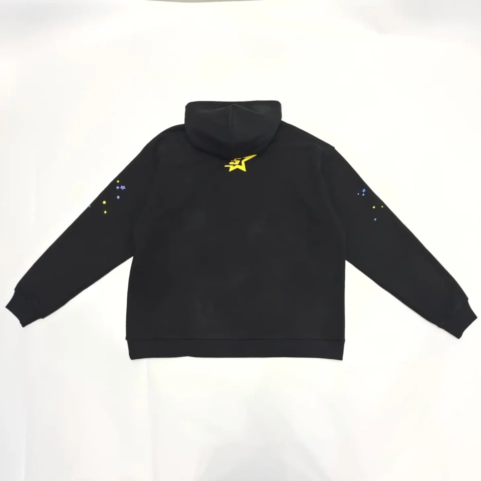Repsgoat hoodie black cotton with yellow star logo and multicolor star sleeve print streetwear sweatshirt