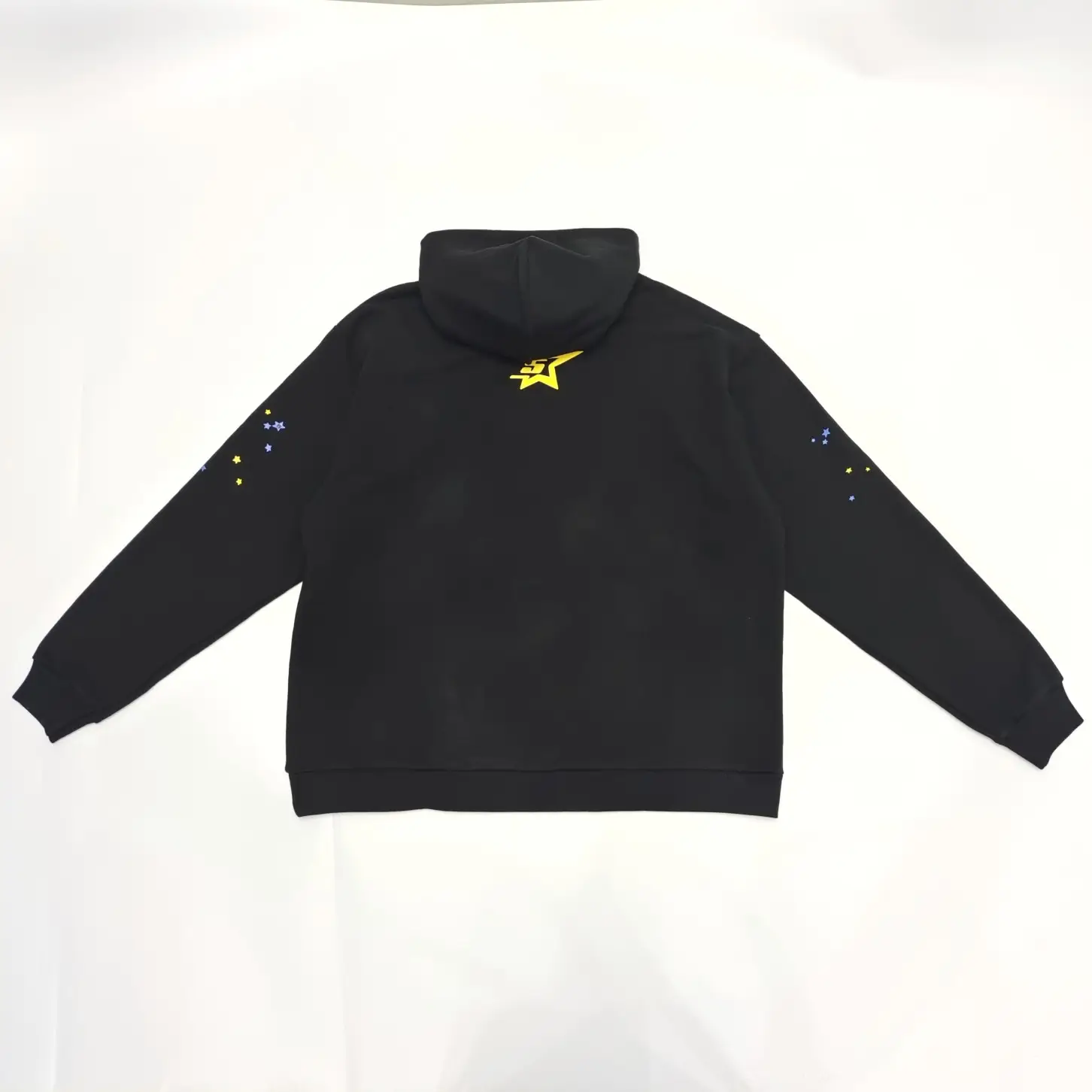 Repsgoat hoodie black cotton with yellow star logo and multicolor star sleeve print streetwear sweatshirt