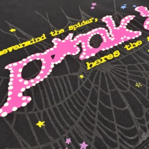 Not applicable for product image alt text as this is a close-up of fabric with pink and yellow printed text and spider web design on black material.