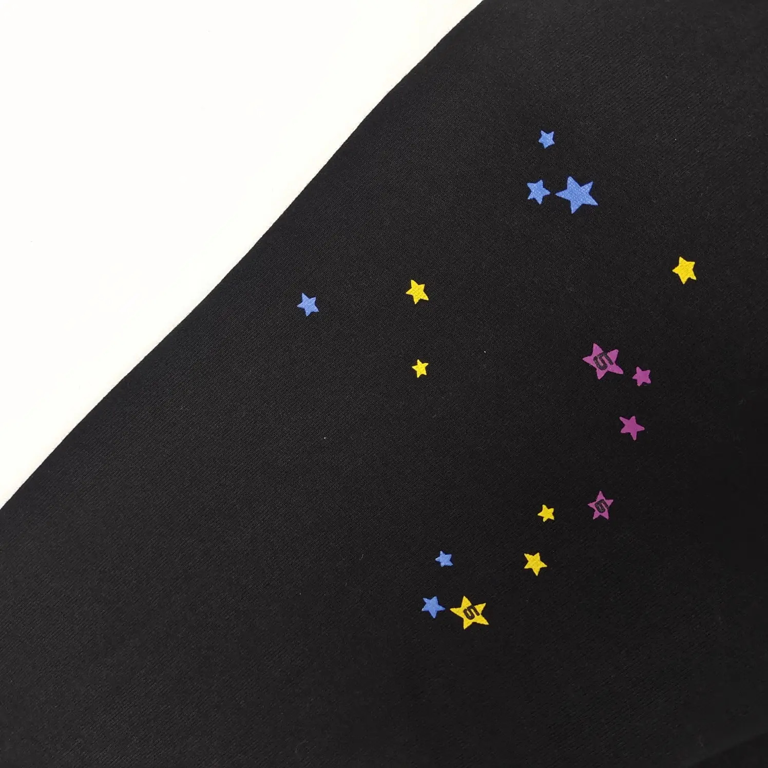 Repsgoat Star Pattern Black cotton fabric with multicolor blue yellow purple stars print