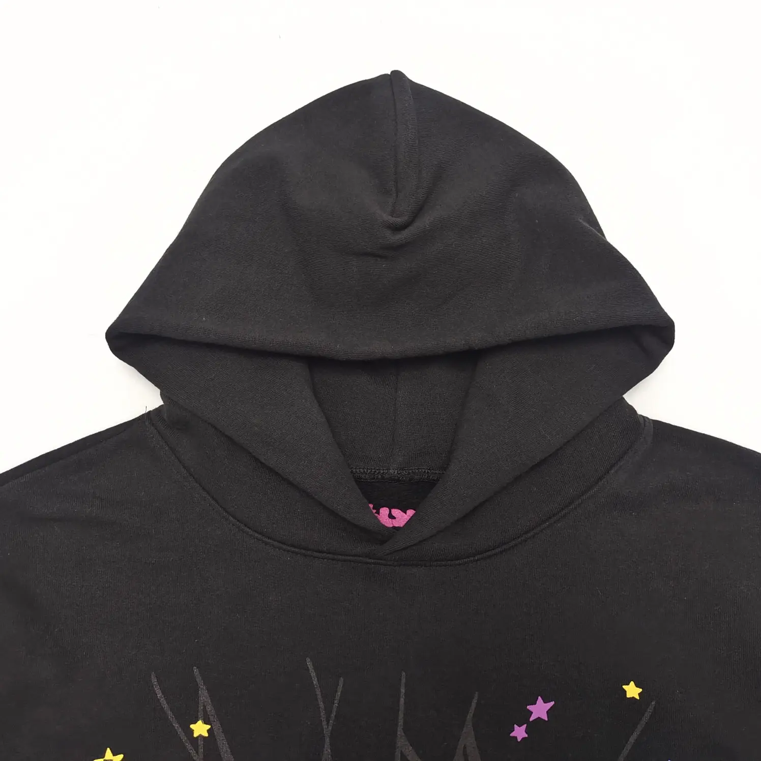 Repsgoat black hoodie cotton fabric with star graphic design and drawstring hood