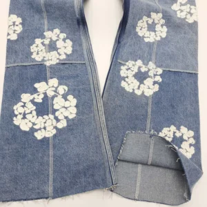 Repsgoat denim jeans blue fabric white floral embroidery cotton material