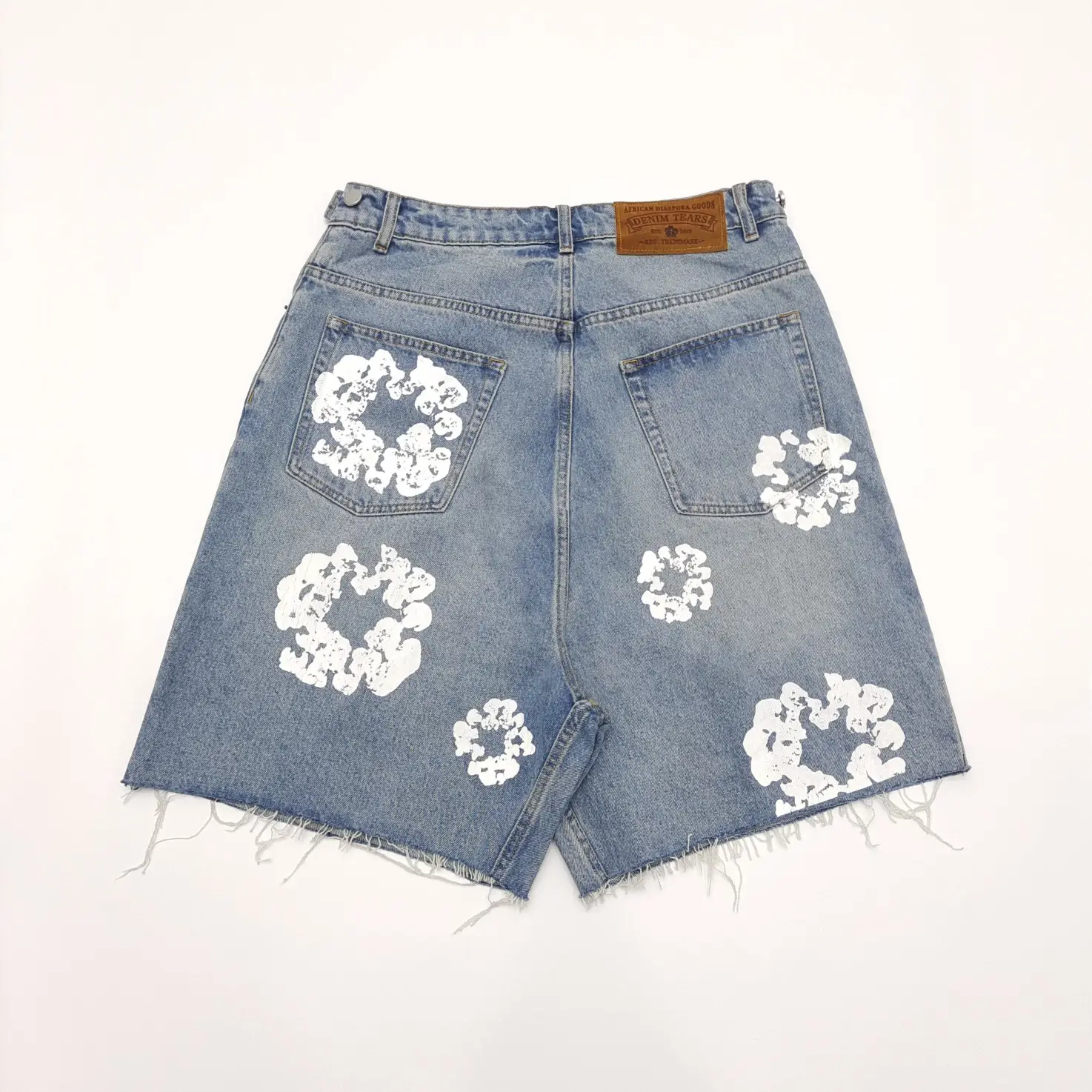 Denim Tears denim shorts blue cotton with white floral prints and frayed hems