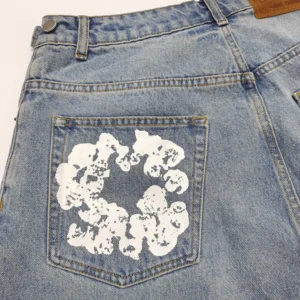 RBG blue denim jeans light wash pocket white paint splatter design cotton material