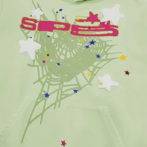Sperry hoodie light green cotton fabric multicolor star and spider web graphic print design