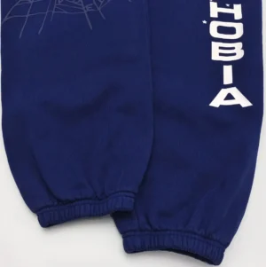 Hoodia sweatpants navy blue cotton fabric elastic cuffs with white logo print text