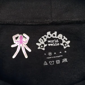 Nobody worldwide hoodie black fleece with purple spider logo and printed brand label