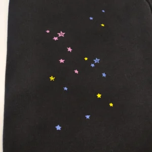This image appears to be a close-up of a black fabric with small colorful star patterns in purple, yellow, and blue, but no brand, model, or product type is visible for SEO alt text. Please provide an image that clearly shows product details or specify the product information.