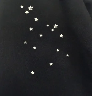 Black fabric featuring scattered silver star designs, showcasing the stylish detail of Sp5der Black OG Sweatpants.