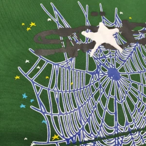 Sp5der Deep Green Bead Hoodie featuring a web design and colorful star accents, showcasing the brand logo in a prominent graphic style.