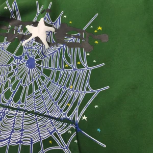 Sp5der Deep Green Bead Hoodie featuring a spider web design with colorful stars and a contrasting graphic element, showcasing the unique style and material details relevant to luxury replica clothing.