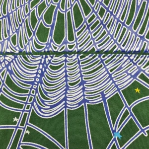 Deep green hoodie fabric featuring a white spiderweb design with colorful stars, highlighting the unique pattern of the Sp5der Deep Green Bead Hoodie.