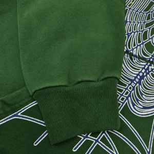 Deep green hoodie sleeve detail featuring ribbed cuff and intricate blue bead design, highlighting Sp5der brand's luxury replica clothing.