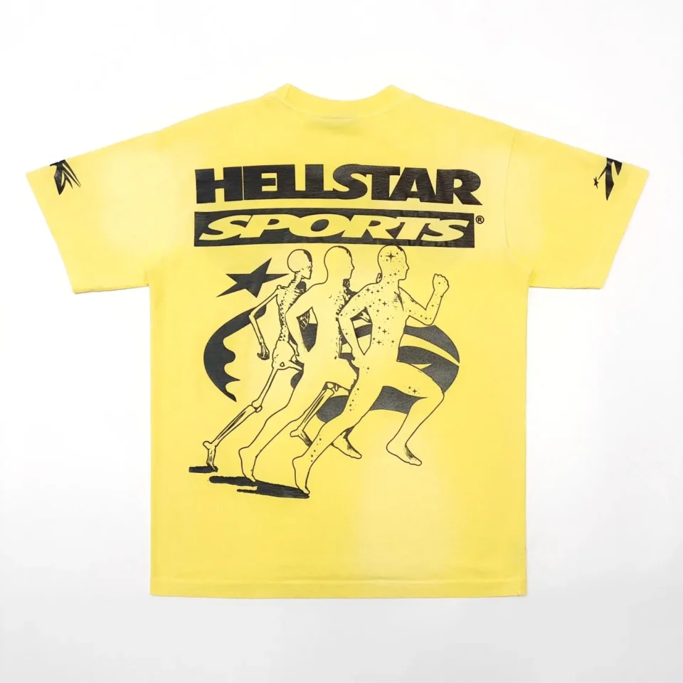 Hellstar Sports T-shirt yellow cotton with black graphic print of running figures and text on back