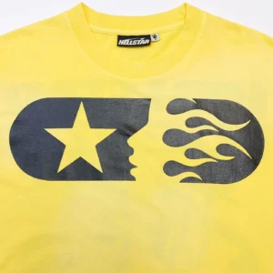 Hellstar Yellow Marathon Short Sleeve shirt featuring a star and flame design on the front.