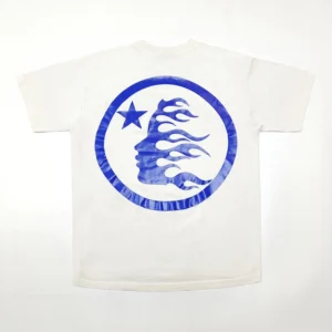 Unknown brand white T-shirt with blue circular profile face and star graphic cotton shirt