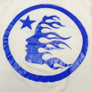 Repsgoat graphic t-shirt white cotton blue flaming profile star print design