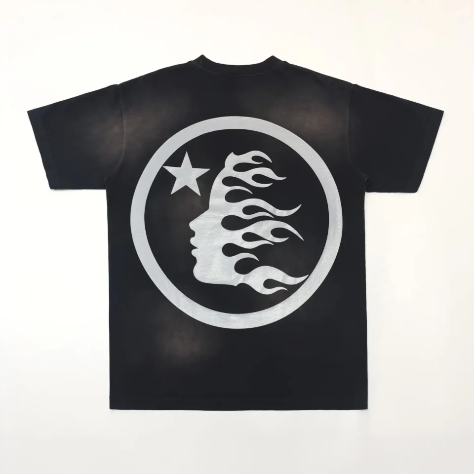 Midnight Studios Flame Head T-Shirt black cotton with silver flame graphic and star circle design on back