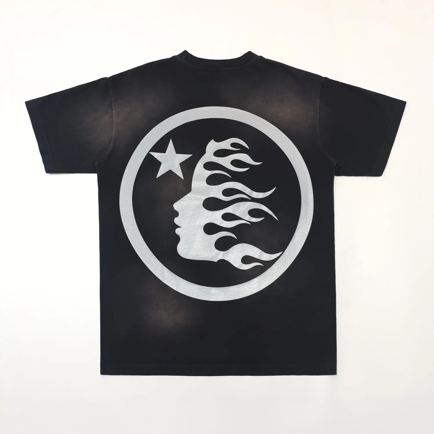 Midnight Studios Flame Head T-Shirt black cotton with silver flame graphic and star circle design on back