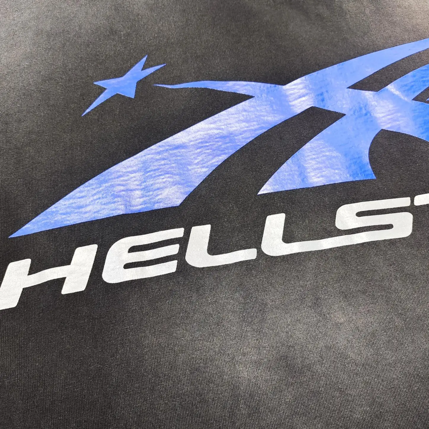 Hellstar graphic sweatshirt black color cotton blend material with blue and white logo print