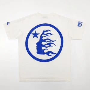 Hellstar Blue BEAT White Short Sleeve t-shirt featuring a blue flame graphic design with a profile silhouette and star emblem on the back.