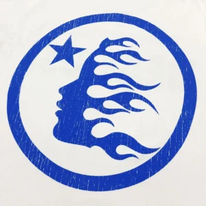 Blue graphic logo featuring a stylized profile of a woman's face with flowing hair and a star, representing the Hellstar brand on the Blue BEAT White Short Sleeve t-shirt.