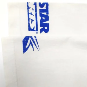 Hellstar branded logo on white fabric of the Blue BEAT Short Sleeve t-shirt, showcasing design quality and craftsmanship.