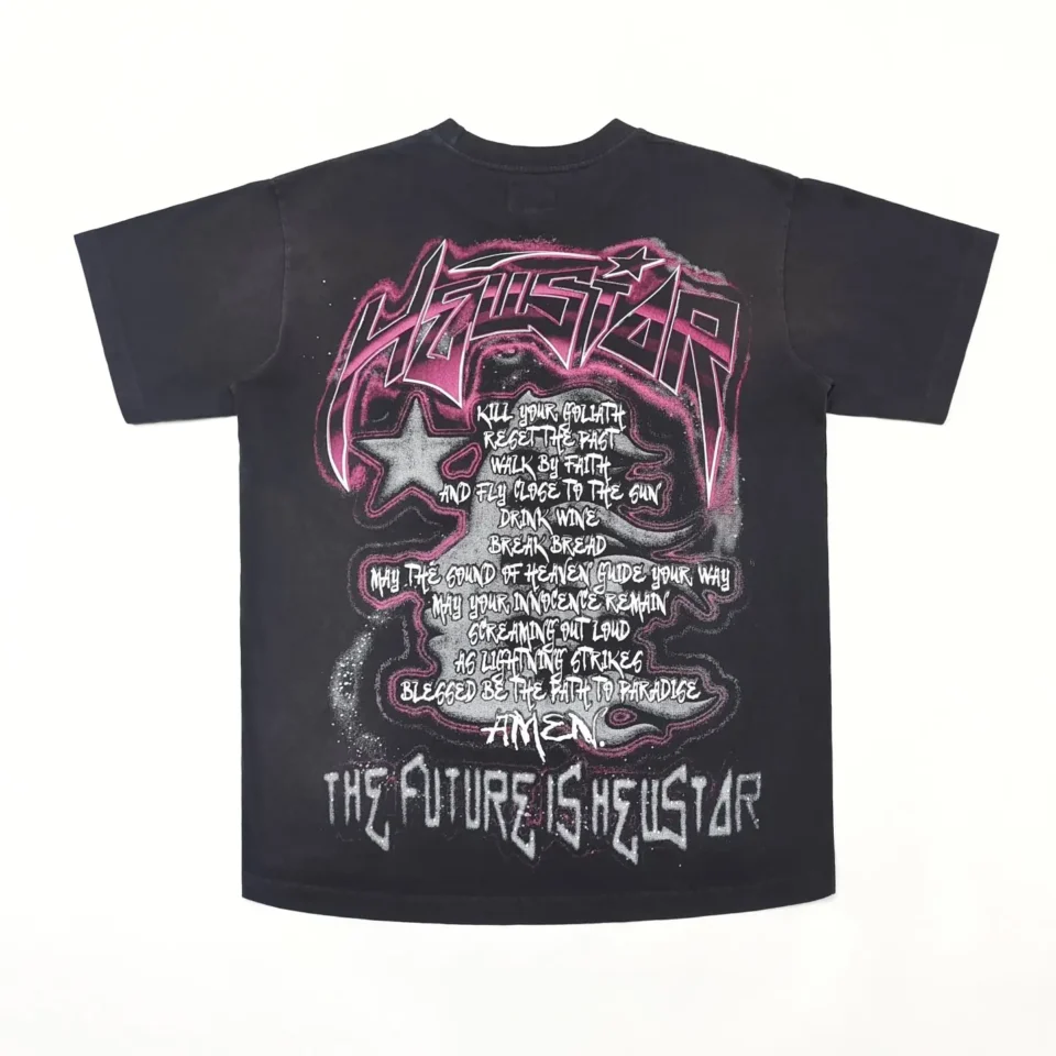 Helustar Graphic Tee black color with pink and white printed text design made from cotton material