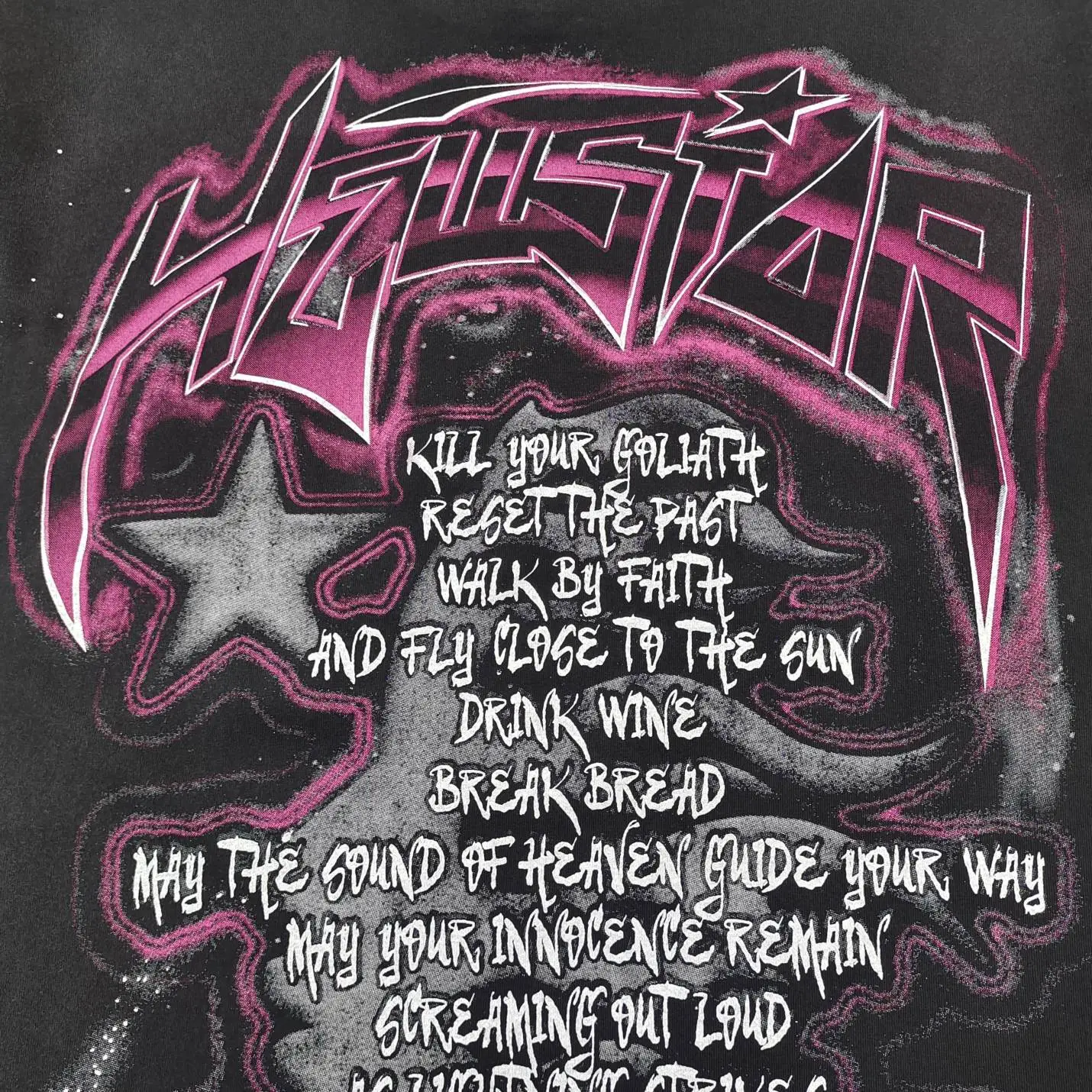 HOUSTAR graphic t-shirt black color with pink and white star and inspirational text print cotton material