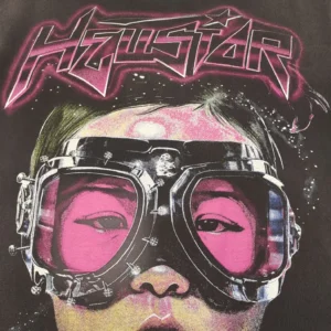 HiStar graphic t-shirt black cotton crew neck with futuristic pink and metallic helmet design