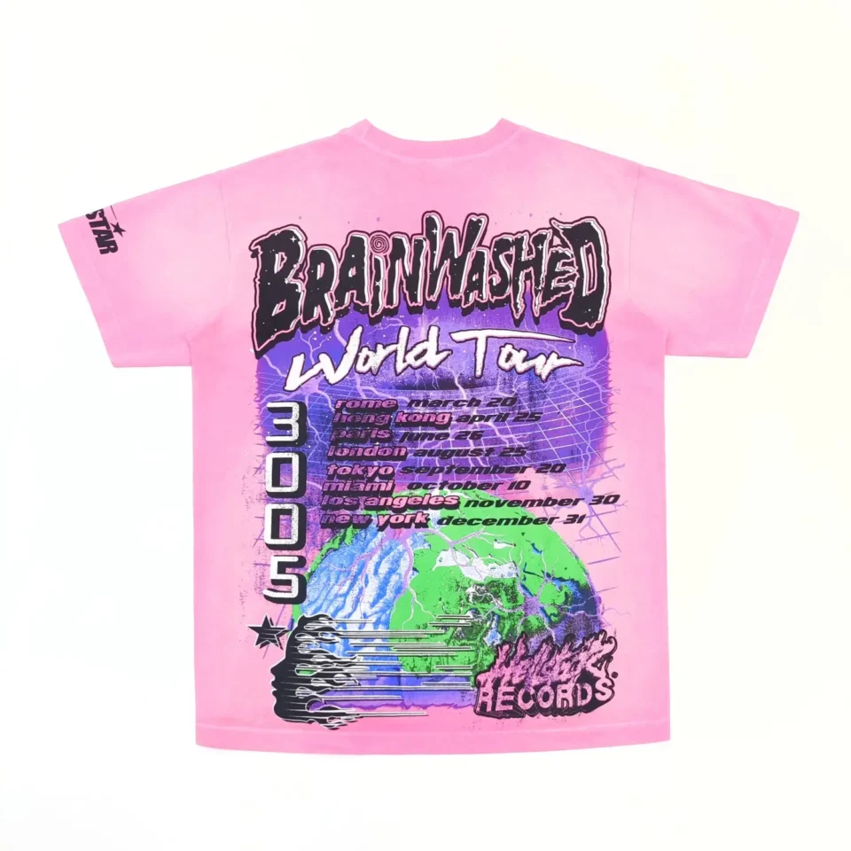 Brainwashed World Tour 3005 T-shirt pink cotton with graphic multicolor tour print on back