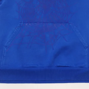 Spider-Man blue sweatshirt cotton fabric with a subtle dark purple spiderweb graphic on front pocket area