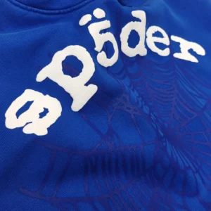 Palace hoodie blue cotton fabric with white logo and dark blue spider web graphic design