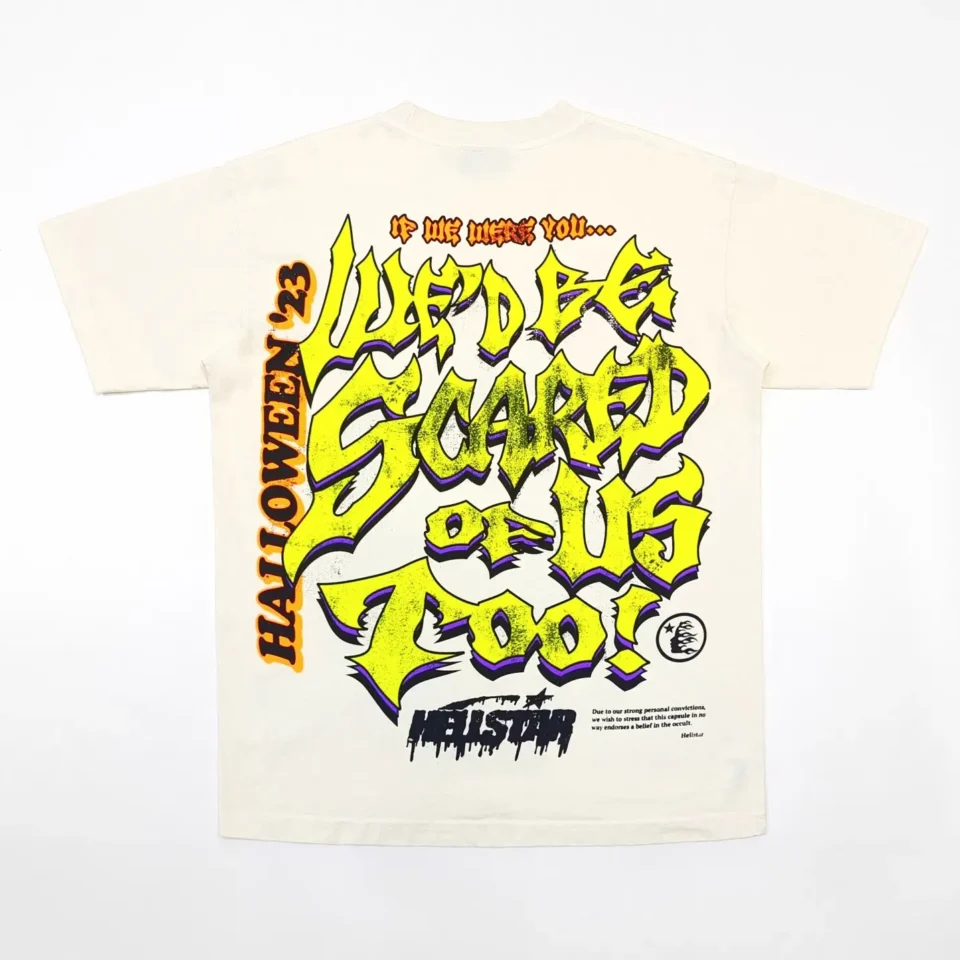 Helistar Halloween 23 Graphic T-shirt white color cotton material with bold yellow and orange text design