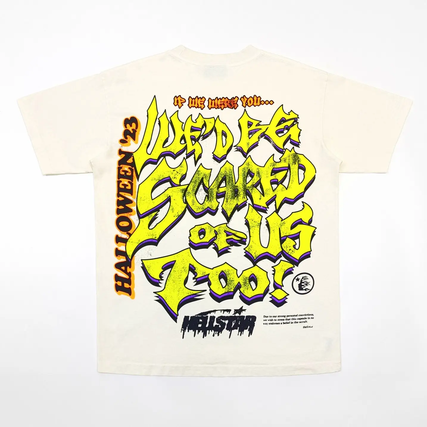 Helistar Halloween 23 Graphic T-shirt white color cotton material with bold yellow and orange text design