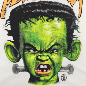 Unknown brand graphic T-shirt featuring a green Frankenstein monster face with a metal bolt neck design on white cotton fabric
