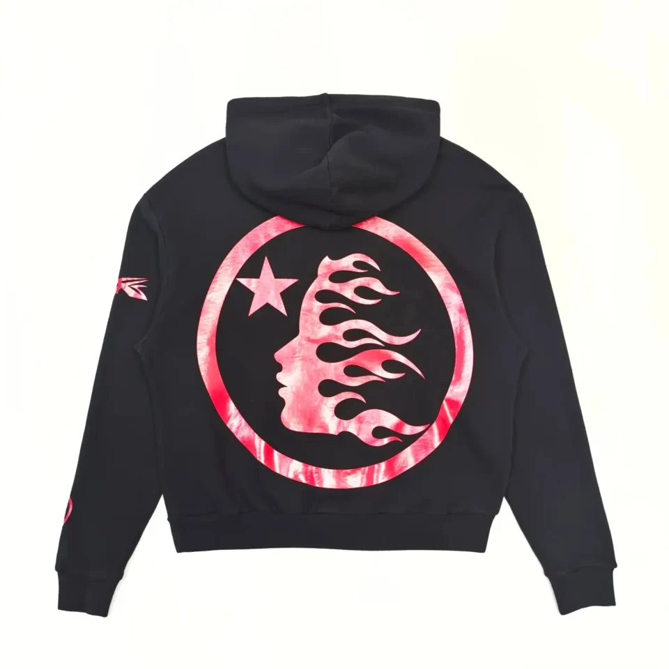 Reebok Graphic Hoodie black red flame star print cotton blend pullover sweatshirt