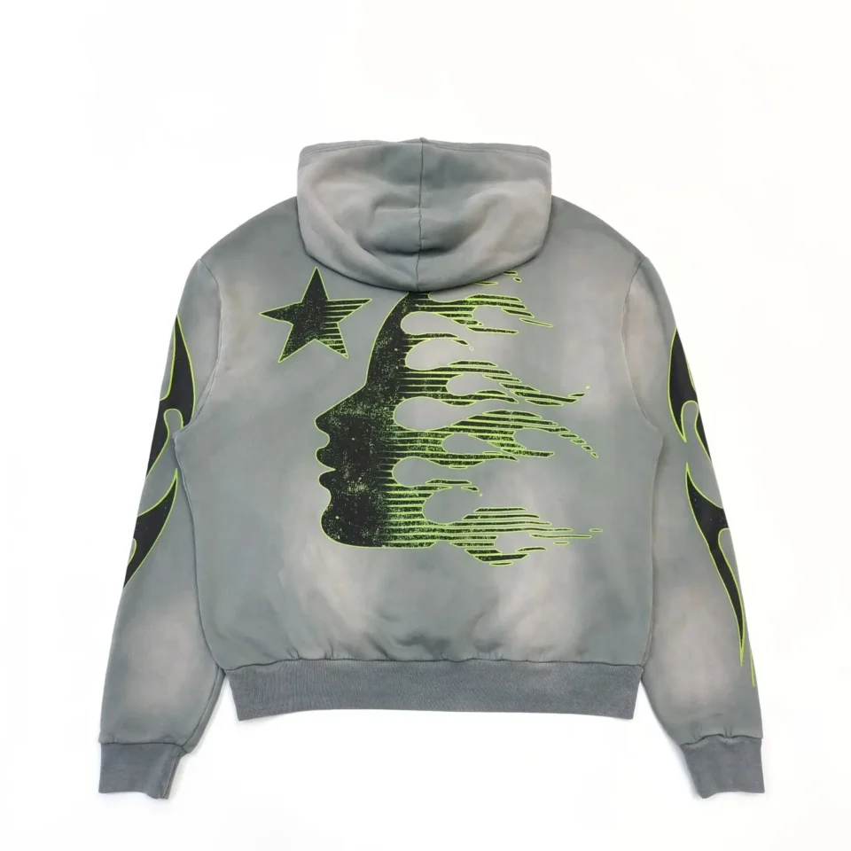 Amiri Space Dye Hoodie MX2 Grey color cotton fleece with neon green flame graphic and star print on back and sleeves