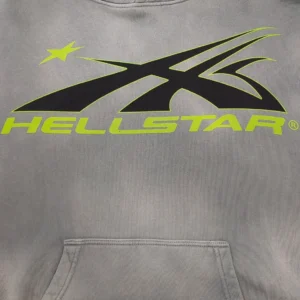 Hellstar Hoodie light gray cotton pullover with neon yellow and black graphic logo front design