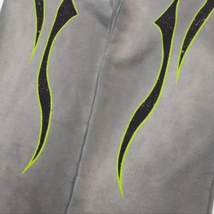 Neighborhood Gothic Flame Sweatpants gray color featuring black and neon green flame graphic made from cotton material