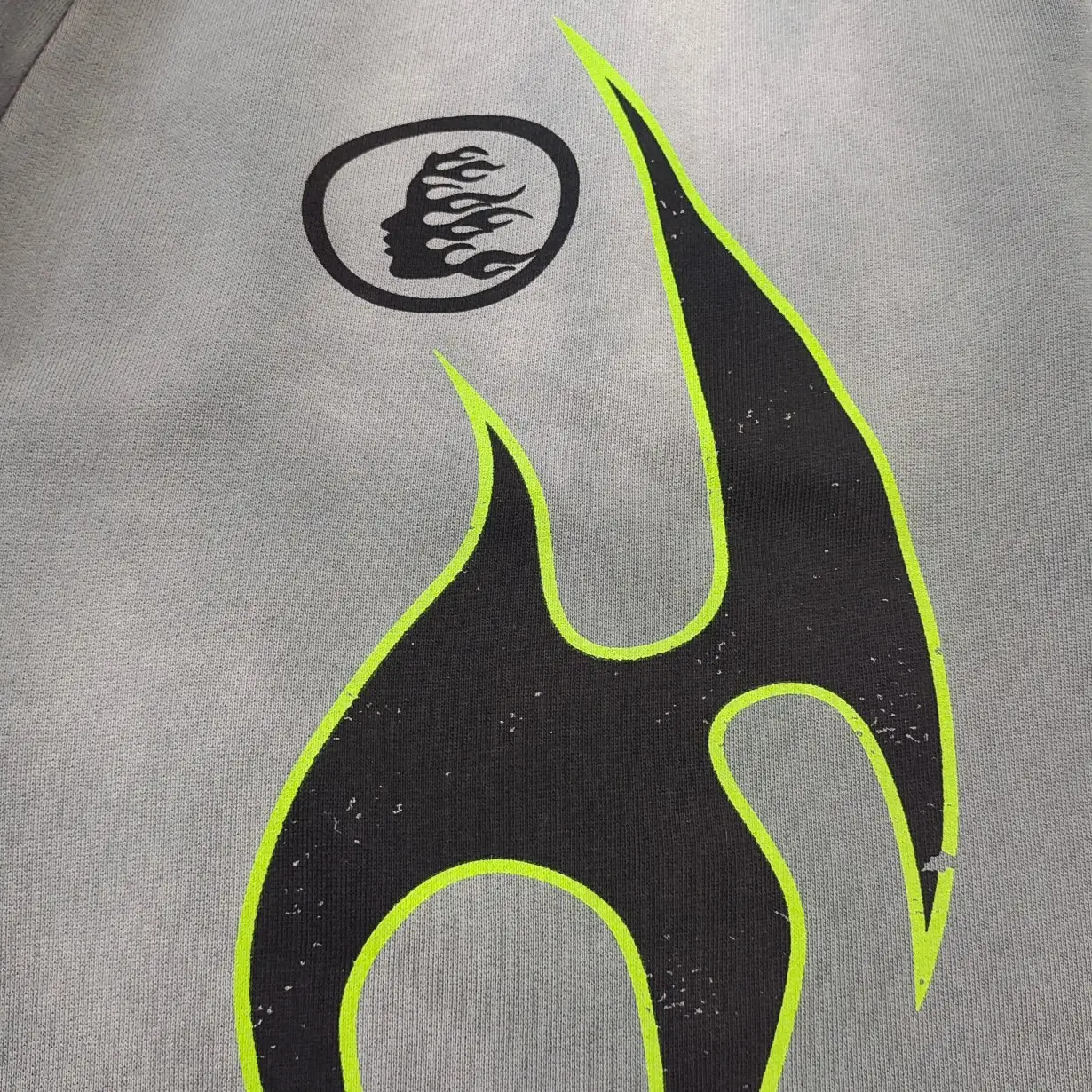 Heron Preston Flame Logo Sweatshirt gray color cotton blend fabric with black and neon yellow flame print