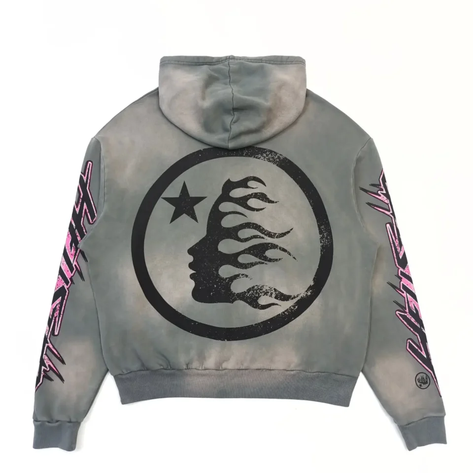 Mastermind Japan Flame Face Hoodie grey cotton with black flame face and pink logo graphics on sleeves